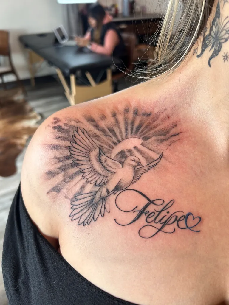 Illustrative tattoo by Katelyn Alvarado at Golden Child Tattoo in Escondido