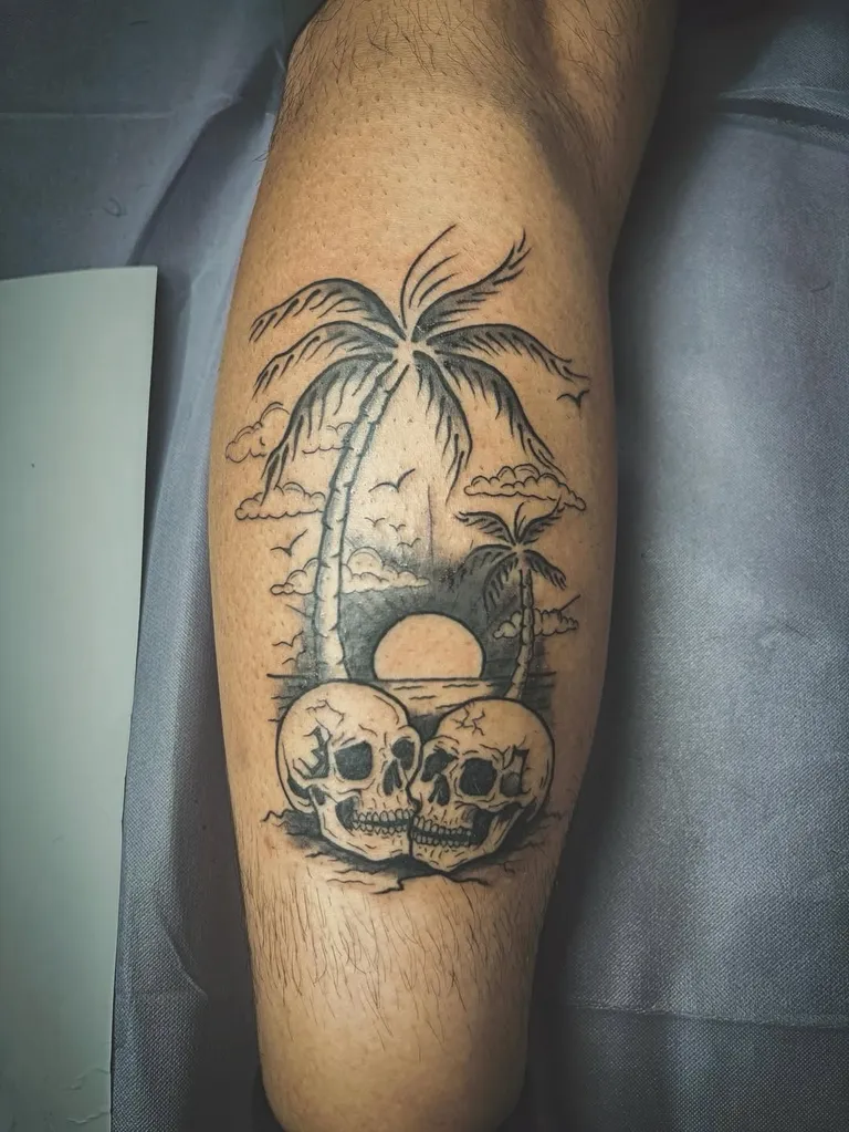 Beach scene tattoo with palm trees, a setting sun and two skulls on the leg by Melissa at Golden Child Tattoo in Escondido