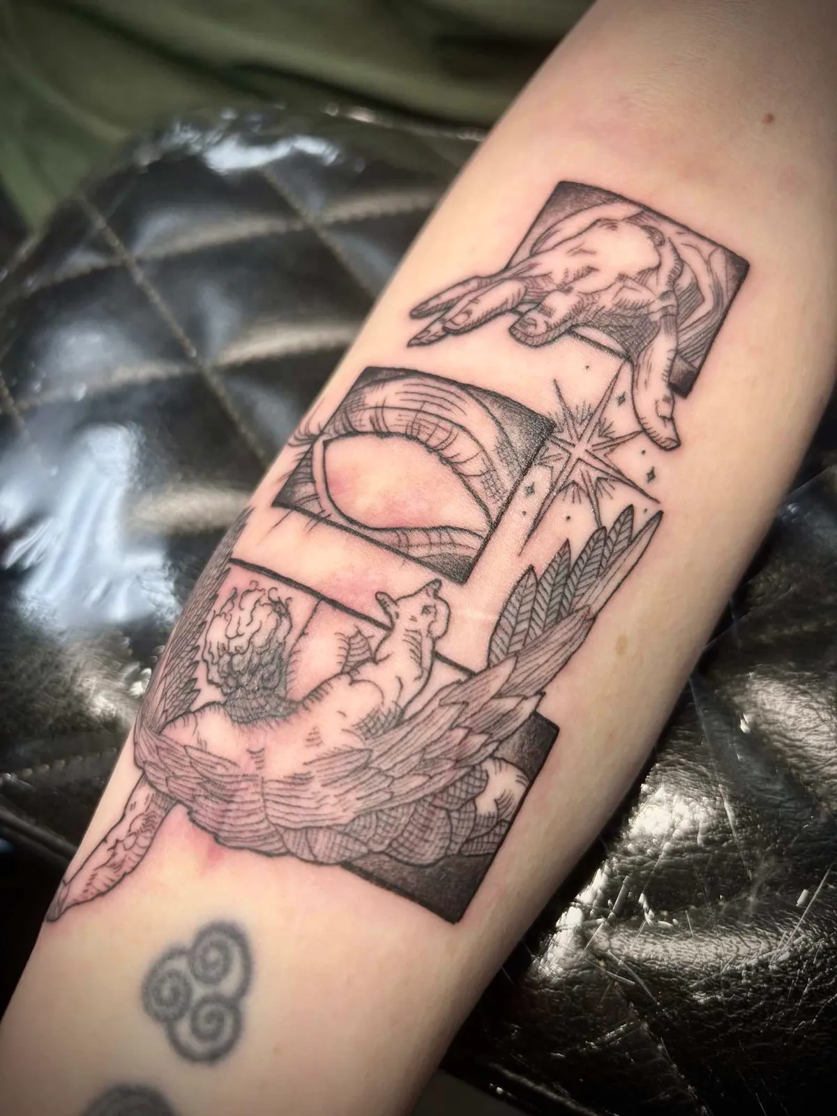 Illustrative tattoo by Melissa at Golden Child Tattoo in Escondido