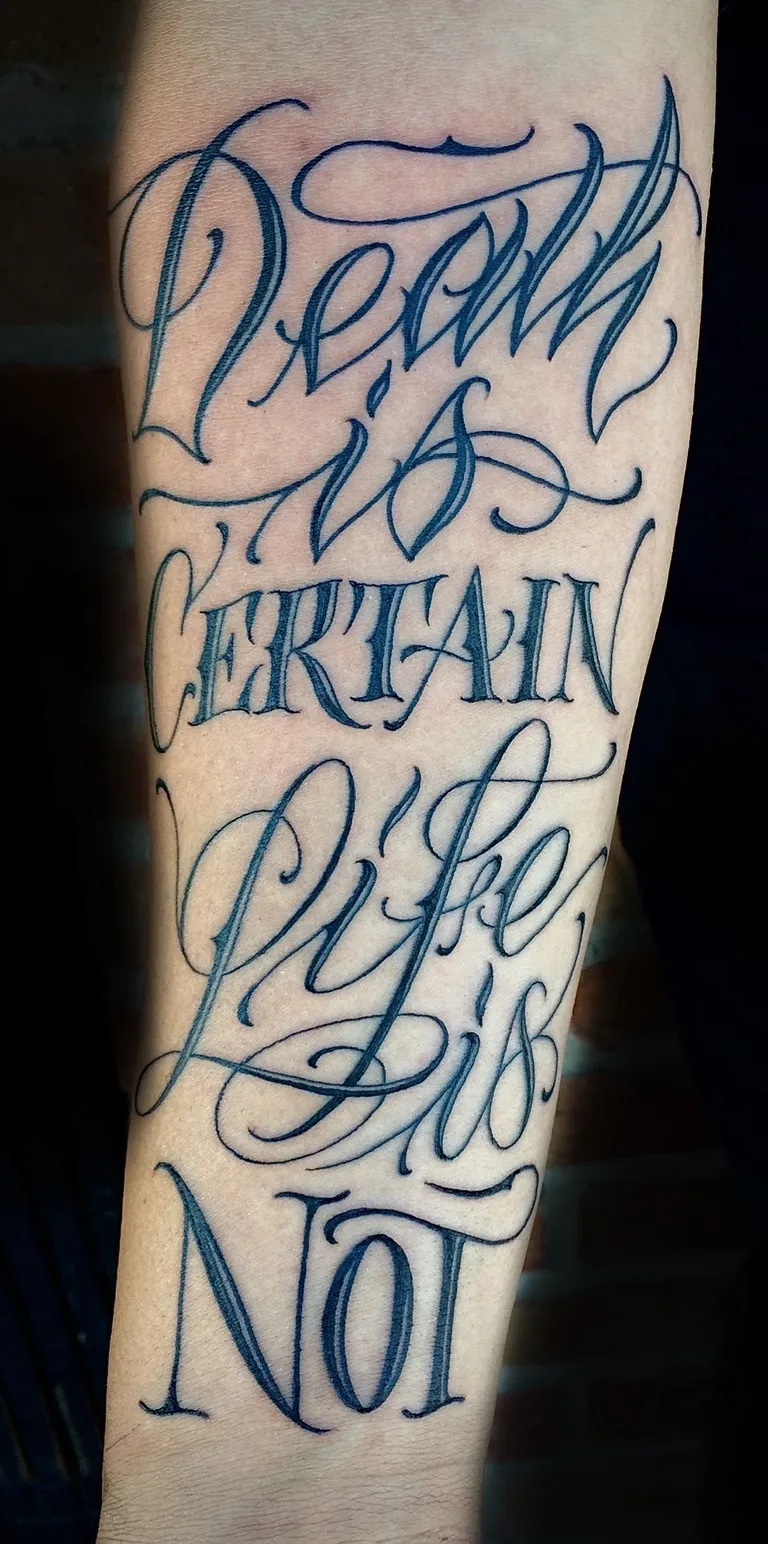 Script & Lettering tattoo by Kurt (Tatzilla) at Golden Child Tattoo in Escondido
