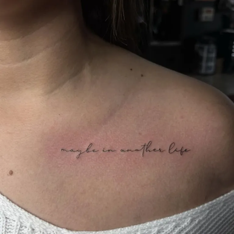 Fine line script tattoo on the collarbone by Melissa at Golden Child Tattoo in Escondido