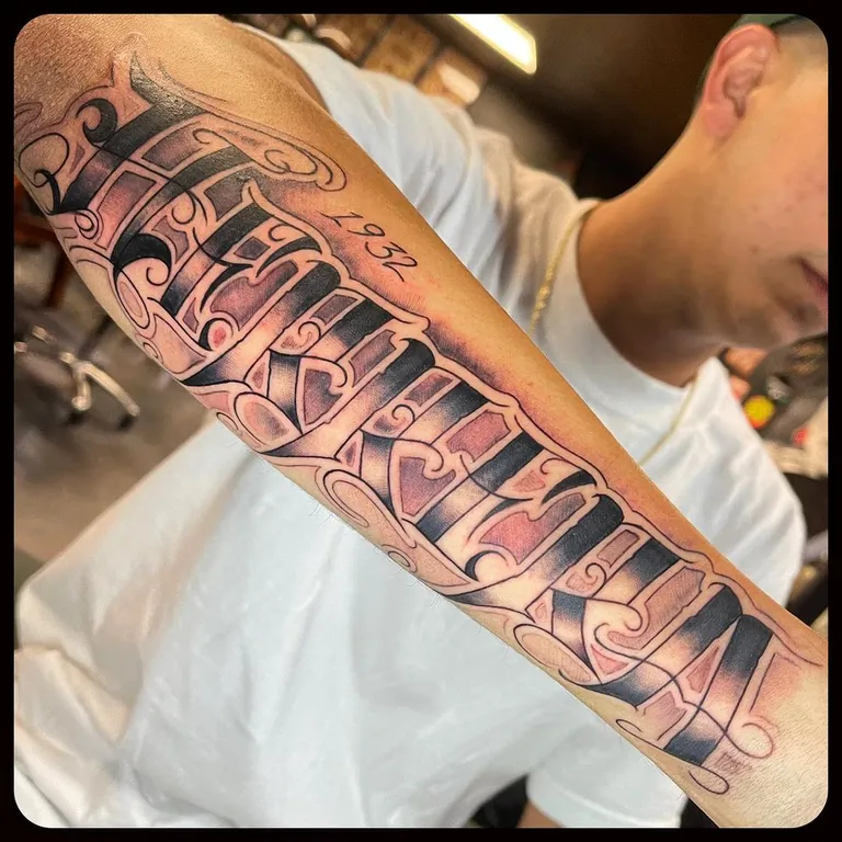 Script & Lettering tattoo by Nick Crawford at Golden Child Tattoo in Escondido