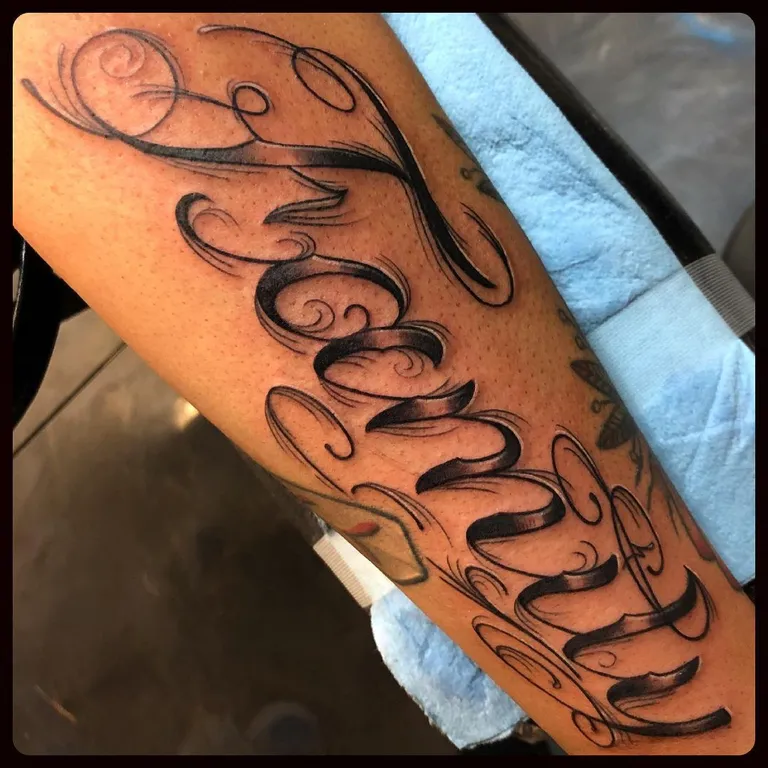 Script & Lettering tattoo by Nick Crawford at Golden Child Tattoo in Escondido
