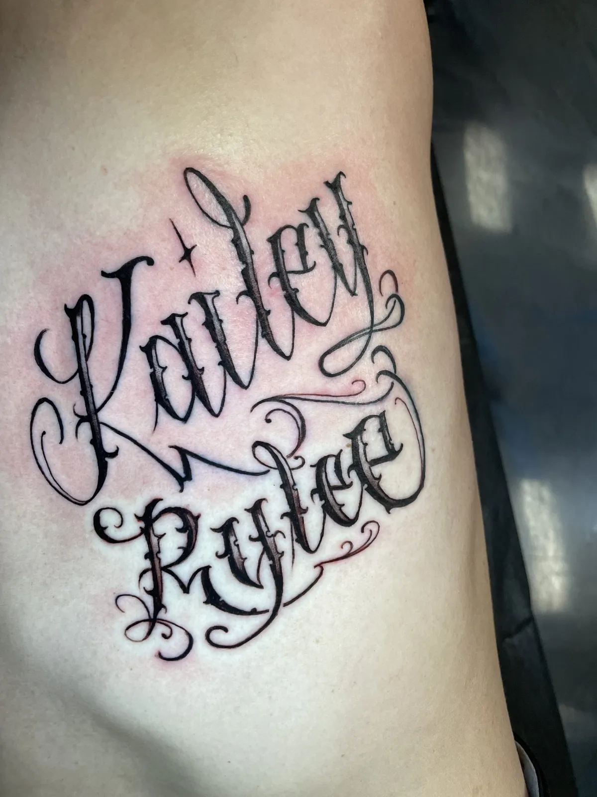 Script & Lettering tattoo by Brandon Castillo AKA Sixer at Golden Child Tattoo in Escondido