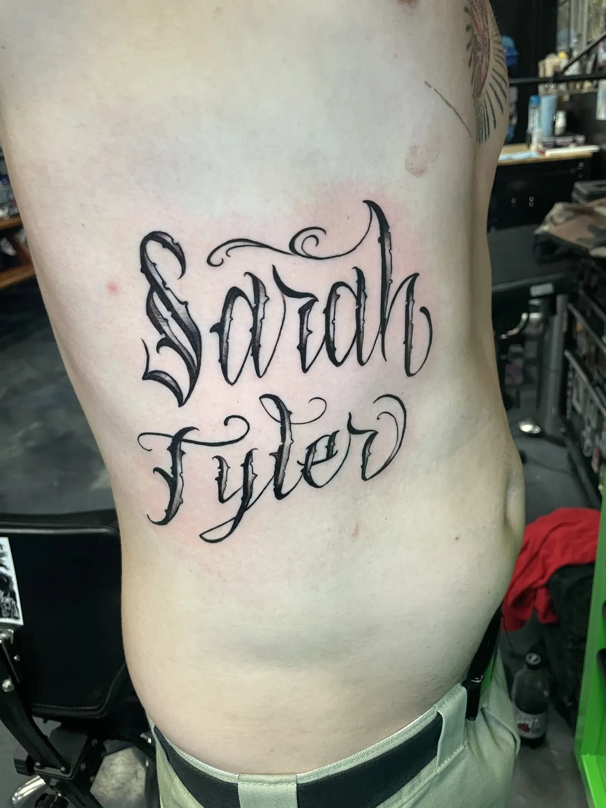 Script & Lettering tattoo by Brandon Castillo AKA Sixer at Golden Child Tattoo in Escondido