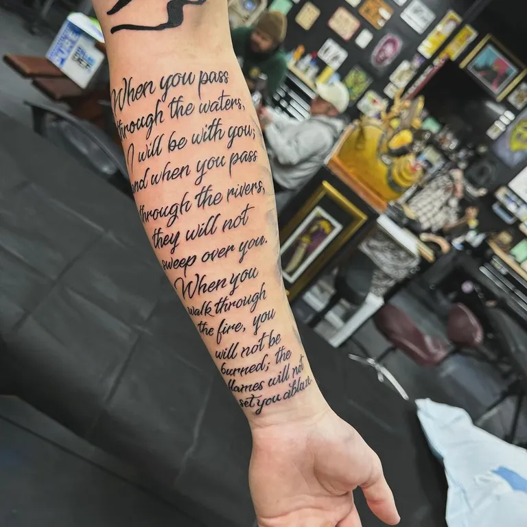 Script & Lettering tattoo by Brandon Castillo AKA Sixer at Golden Child Tattoo in Escondido