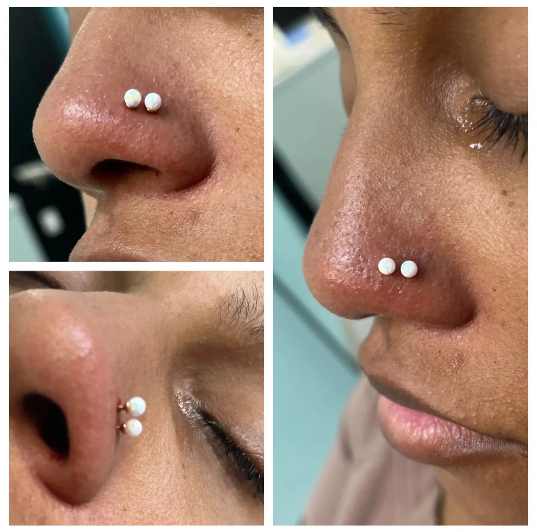 Double nostril piercing by Wheels at Golden Child Tattoo in Escondido