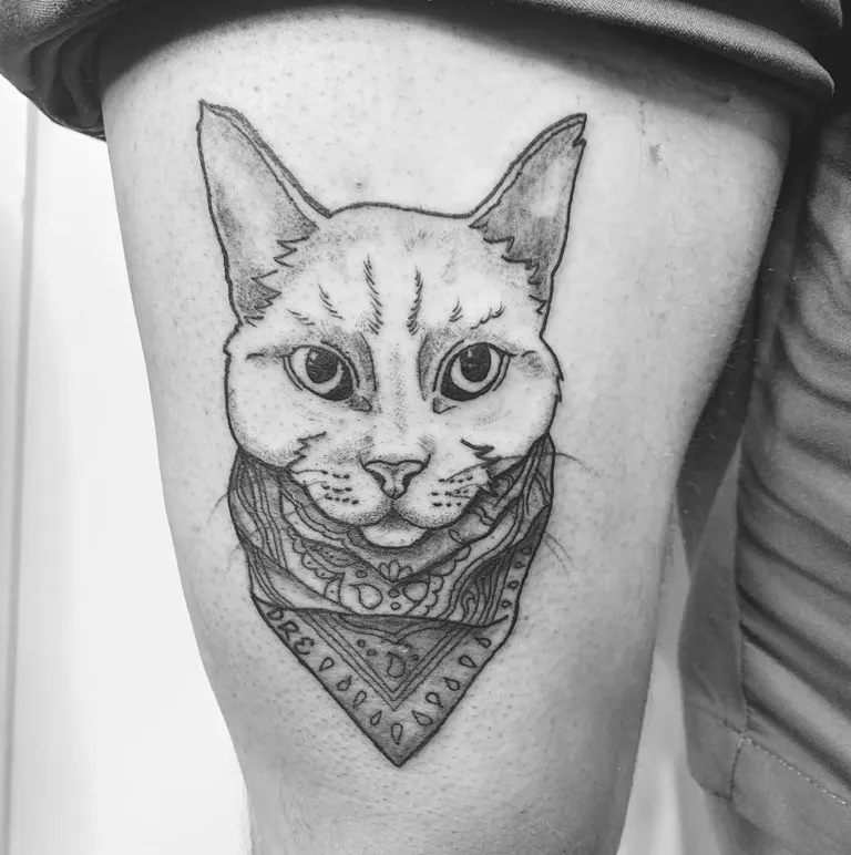 Black and grey cat wearing a bandana, tattooed on the upper arm by Melissa at Golden Child Tattoo in Escondido
