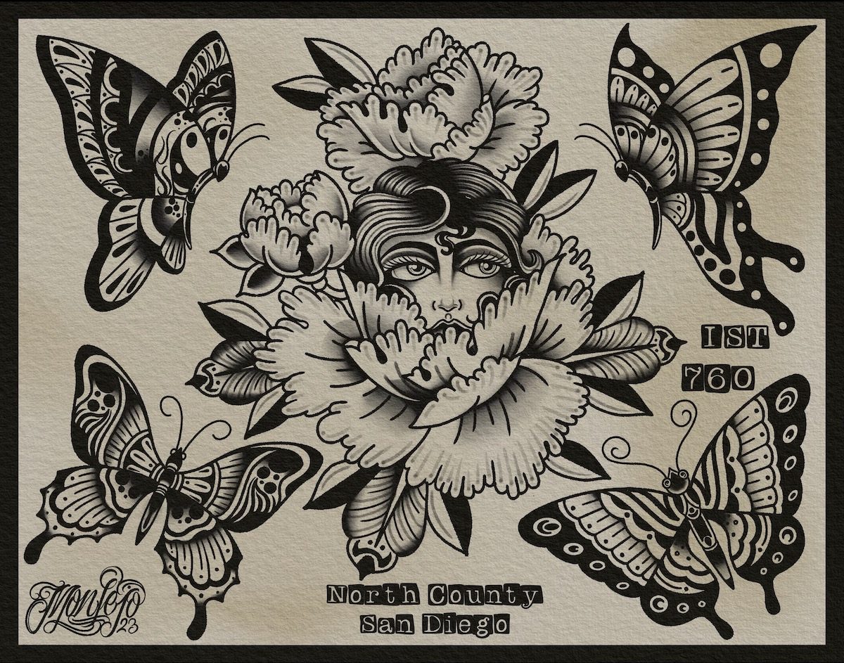 Butterflies and flower woman flash tattoos