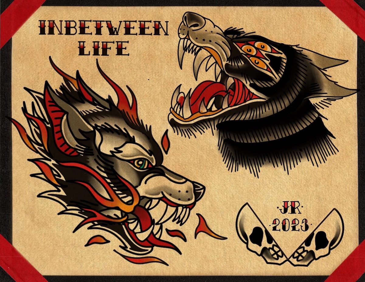 Wolves & split skull flash tattoos
