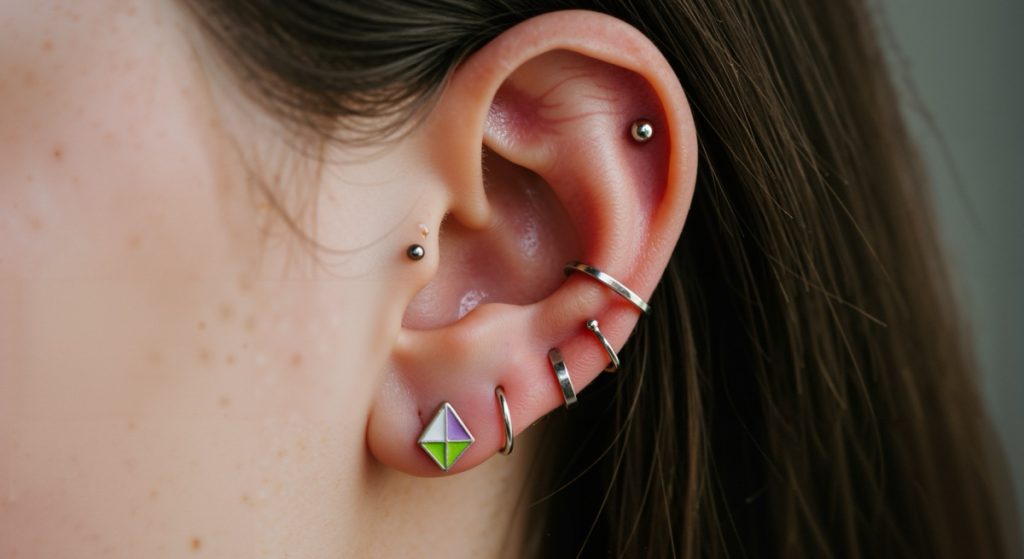 A curated ear piercing constellation on a woman's ear
