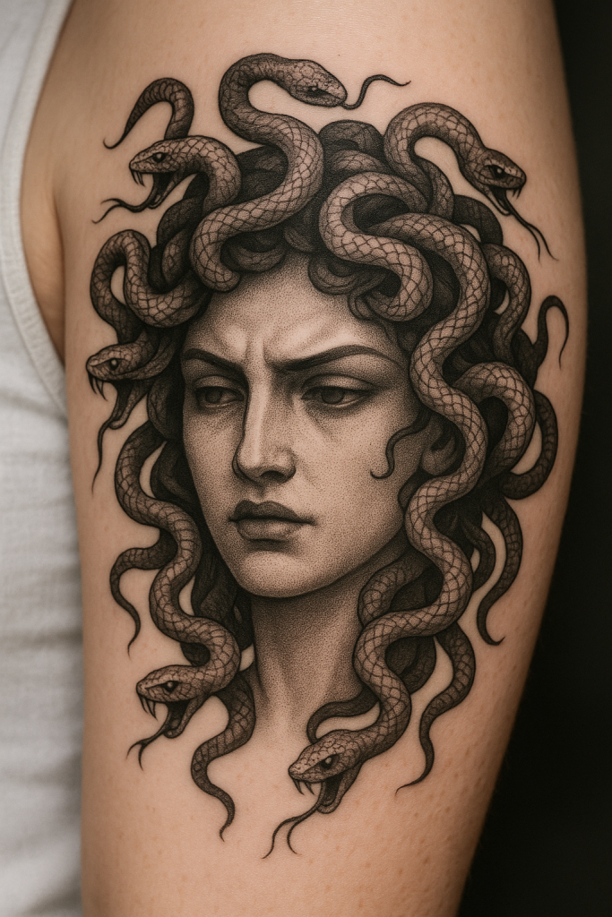A bold black and grey tattoo of Medusa, inked in a classic illustrative style on the upper arm. Medusa’s face is calm yet intense, with stylized snakes entwined in her voluminous hair.